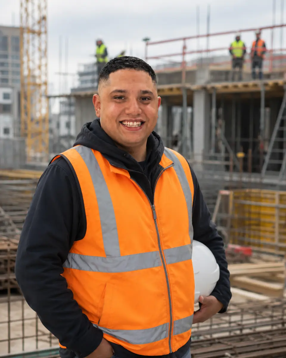 Mohamed Abaid wearing site safety equipment at an active construction project